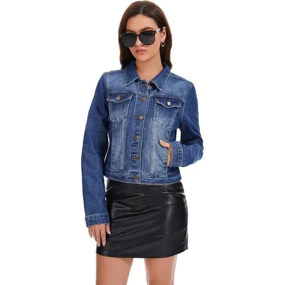 andy & natalie Womens Jean Jacket Stretch Cropped Button Down Denim Jackets - Picture 2 of 7